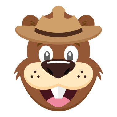 Kahverengi safari şapkası takan çizgi film kunduzu suratlı. Büyük gülümsemeli. Vektör çizimi.