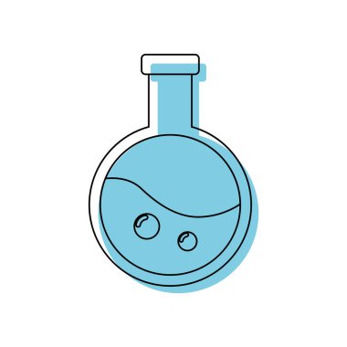Bilimsel laboratuvar deneyleri için ana hatları kabarcıklı mavi yuvarlak alt matara Vektör illüstrasyonu