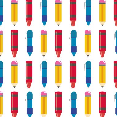 Kırtasiye temalı renkli kalem ve kalemlerle desen. Vektör illüstrasyonu