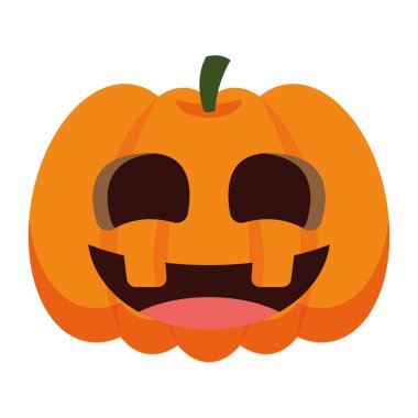 Neşeli turuncu balkabağı feneri, geniş gülüşlü, iki ön dişli ve yeşil saplı neşeli Cadılar Bayramı ifadesi, Vektör illüstrasyonunu gösteriyor.