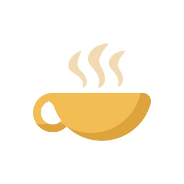 Sıcak altın çay fincanı kıvrımlı saplı ve sıcak içecek ve rahat içecek illüstrasyonu için yükselen buhar buharı.