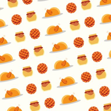 Turuncu kabaklı Şükran Günü şablonu bal kavanozu kafes hamuru bayram tatlısı yaratıyor ve tasarım vektörü çizimi tekrarlıyor.