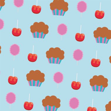 Kek, elma şekeri ve pamuk şeker taşıyıcı illüstrasyonla oynanmış.