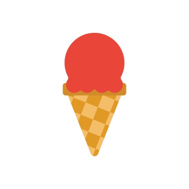 Kırmızı dondurma kepçesi altın waffle külahında. Çapraz kapak desenli. Yaz tasarımı için mükemmel. Vektör illüstrasyonu.