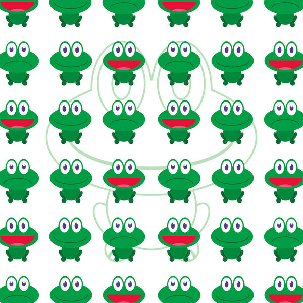 Seamless pattern of cute green frog faces with various happy and neutral expressions Vector illustration