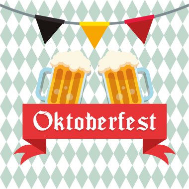 İki köpüklü bira bardağı ve bayram afişi Oktoberfest Vektör illüstrasyonu