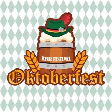 Bira fıçısı ve Bavyera şapkası ve buğday festivali Vektör illüstrasyonu