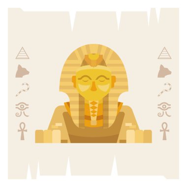 Başlıklı altın sfenks heykeli ve papirüs arkaplan vektörü illüstrasyonunda hiyeroglifler