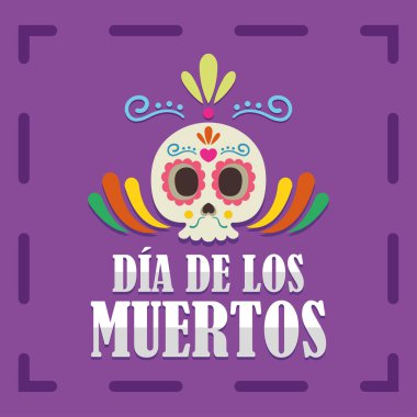 Gökkuşağı kanatlı renkli şeker kafatası ve mor dekoratif çerçeve illüstrasyonunda Dia de los Muertos İspanyolca metin