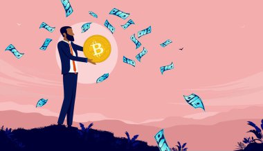 Afrika kökenli Amerikalı bir adam elinde bitcoin tutuyor ve çok para kazanıyor. Kripto para birimine yatırım yapmak. Vektör illüstrasyonu.