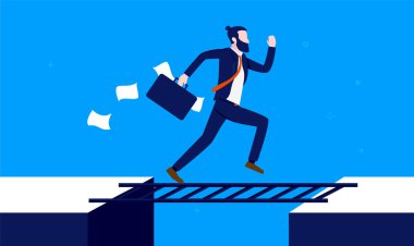 İşletme engelini hızla aşan bir işadamı merdivenden atlayıp aradaki boşluğu dolduruyor. Hızlı çözümler ve problem çözme konsepti. Vektör illüstrasyonu.