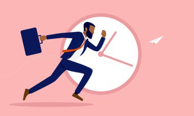 African American businessman running in front of clock - Business deadline and efficient concept. Vector illustration. clipart