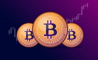 Yükselen grafiği olan vektör Bitcoin - üç Bitcoin ve karanlık arka planlı pazar grafiği. Ticaret ve fiyat kavramı.