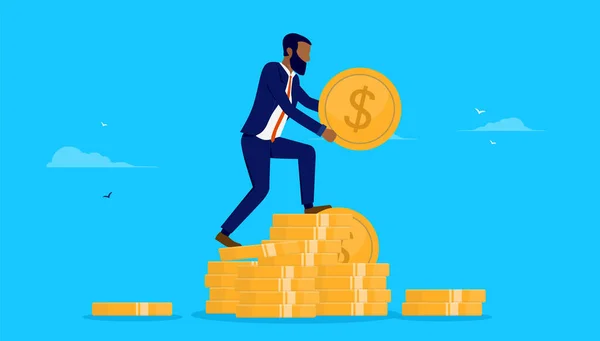 お金でアフリカ系アメリカ人ビジネスマン 現金の山に立ってコインを持ち上げる男性 豊かで金融的な成功の概念 ベクターイラスト — ストックベクタ