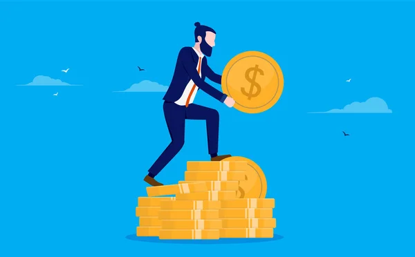 Businessman Money Man Lifting Coins Standing Stack Cash Rich Business — Stock Vector