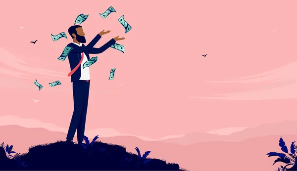 Αφροαμερικάνος Χρήματα Επιχειρηματίας Στέκεται Στην Κορυφή Του Λόφου Πολλά Δολάρια — Διανυσματικό Αρχείο