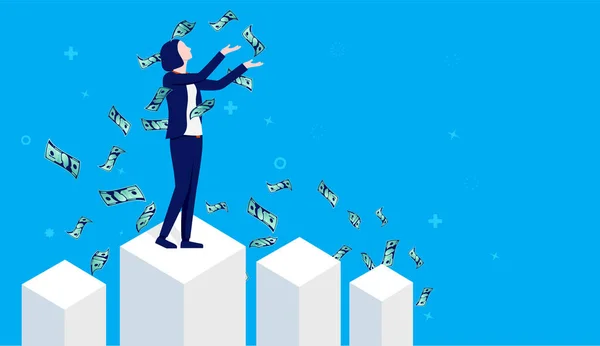 Businesswoman Financial Success Woman Standing Graph Throwing Money Air Blue — Stock Vector