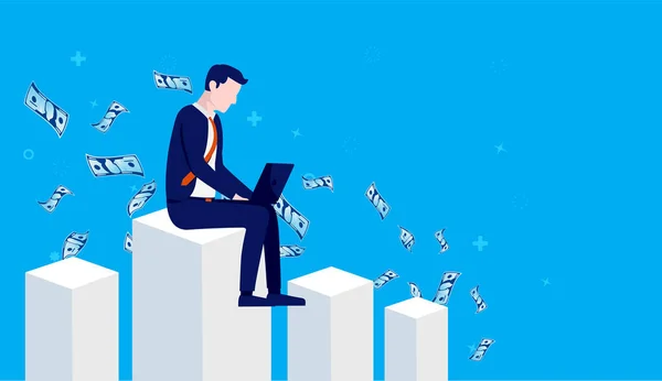 Successful Finance Worker Man Working Laptop Top Graph Money Flying — Stock Vector