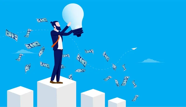 アイデアからお金を稼ぐ 起業家のビジネスマンは 背景にお金でグラフ上に立って電球を保持 起業家精神に富む ベクターイラスト — ストックベクタ