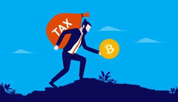 Pago Impuestos Bitcoin Hombre Caminando Con Una Gran Bolsa Dinero — Vector de stock