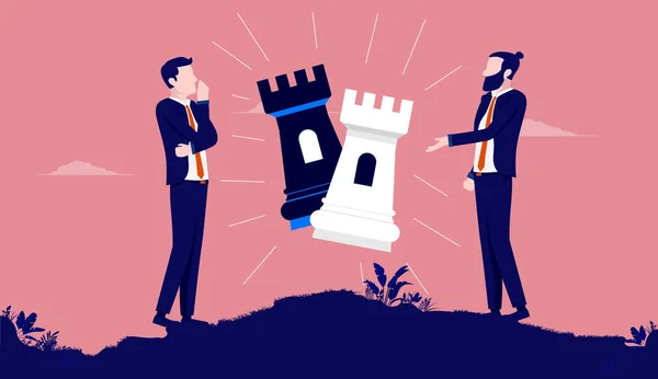 Metapher Für Geschäftsstrategien Zwei Personen Die Geschäftsstrategie Und Schachfiguren Diskutieren — Stockvektor