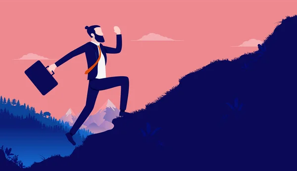 熱望し やる気のあるビジネスマンはブリーフケースで丘を駆け上がる 男は懸命に働き トップに到達するために努力する ベクターイラスト — ストックベクタ