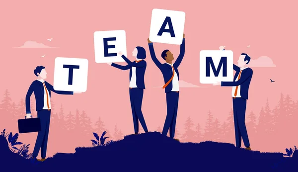 Team Building Tim Orang Orang Yang Memegang Poster Dengan Huruf - Stok Vektor