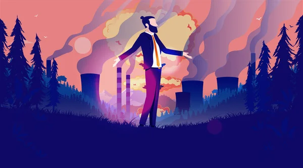 Geschäft Zerstört Die Welt Geschäftsmann Apokalyptischer Landschaft Mit Verschmutzung Und — Stockvektor