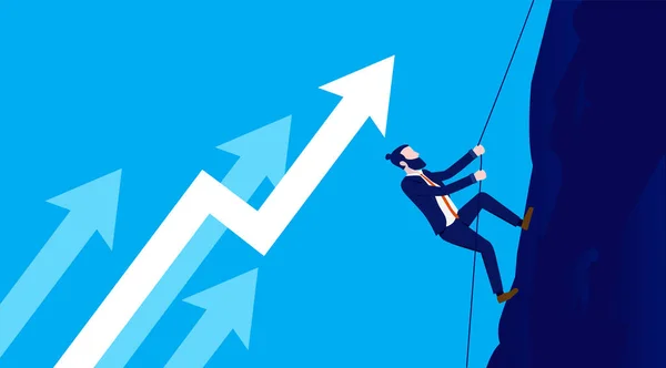 ビジネス成長 実業家の背景に上昇矢印で 丘の上ロープを登る 進歩の概念 ベクターイラスト — ストックベクタ