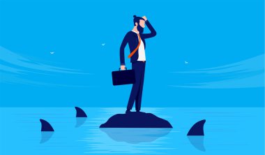 Businessman in trouble - Male person standing alone on rock in ocean with dangerous sharks swimming around. Business adversity concept. Vector illustration. clipart