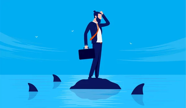 Podnikatel Nesnázích Muž Stojí Sám Skále Oceánu Nebezpečnými Žraloky Plavat — Stockový vektor