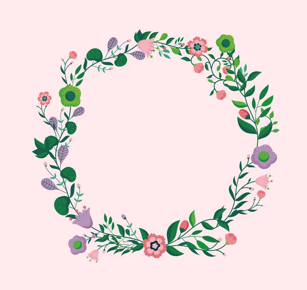 花の花輪ベクトル図 ピンクの背景を持つ楕円形のフレームの美しい花 — ストックベクタ