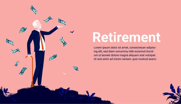 退休钱 退休的老商人 带着现金四处奔走 退休后的经济概念 矢量说明 — 图库矢量图片