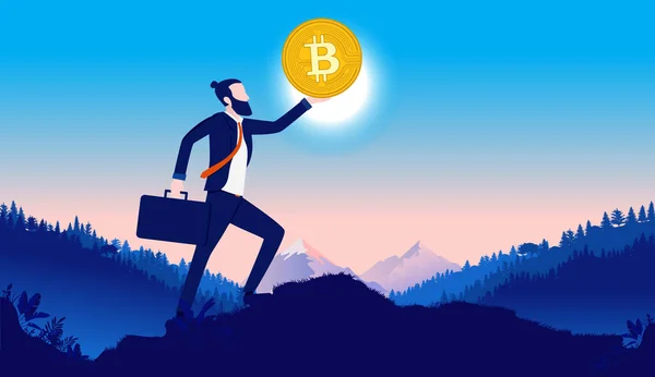 Επιχειρηματίας Κρατώντας Bitcoin Περήφανος Επιχειρηματίας Κρατώντας Κέρμα Στο Χέρι Ανύψωση — Διανυσματικό Αρχείο