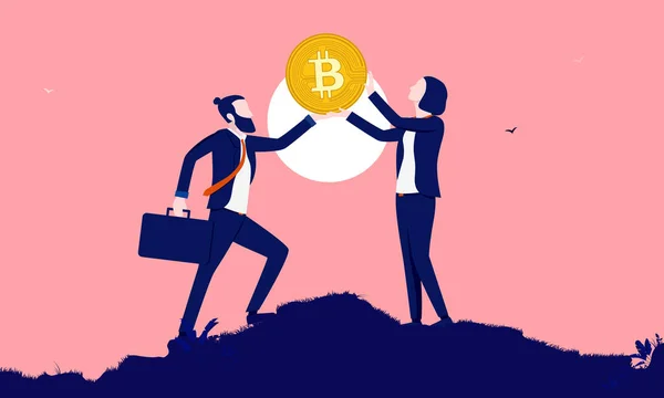Bitcoin Tutan Adamları Erkek Kadın Güneşin Önünde Kripto Para Tutuyorlar — Stok Vektör