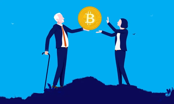 Inherit Bitcoin Homem Velho Dando Bitcoin Para Filha Ilustração Vetorial — Vetor de Stock