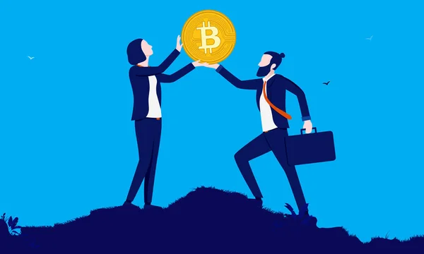 Bitcoin Tutan Kadın Erkek Adamı Kadını Para Kaldırıyor Kripto Para — Stok Vektör