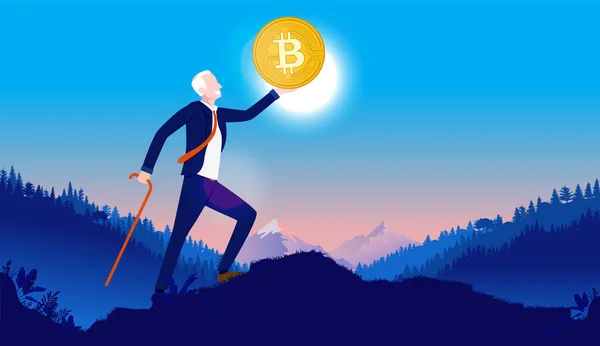 Bitcoin Yaşlı Adam Sunbae Güneşli Arazide Bozuk Para Kaldırıyor Bitcoin — Stok Vektör