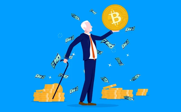 Bitcoin Emekli Yaşlı Emekli Adam Elinde Kripto Para Tutarken Arka — Stok Vektör