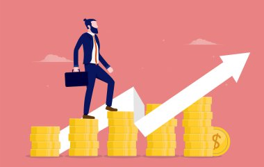 Zenginlik - İşadamı yukarı doğru yükselen okla bozuk paraların üzerinde yürüyor. Finansal ilerleme ve başarı kavramı. Vektör illüstrasyonu.