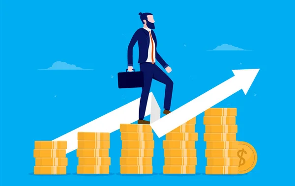 Businessman Money Growth Man Walking Stairs Made Money Metaphor Profits — Stock Vector