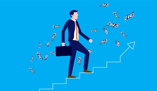 Прогресс Карьере Предприниматель Поднимается Лестнице Достичь Успеха Деньгами Падающими Неба — стоковый вектор