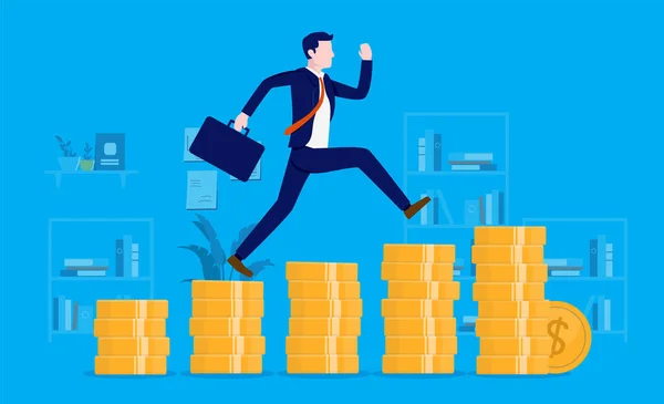 Negócio Rentável Empresário Correndo Escada Feita Dinheiro Metáfora Para Crescimento — Vetor de Stock