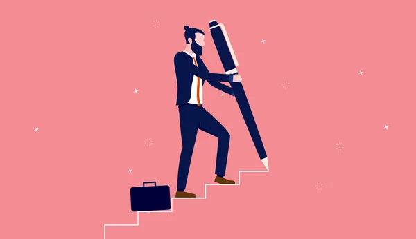 あなた自身のキャリアパスと成功を作成する 起業家はペンで描画しながら階段を歩く 個人開発の概念 ベクターイラスト — ストックベクタ