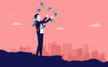 Paralı bir iş adamı. Dışarıdan para atan, mutlu ve arka planda şehir manzarası olan bir adam. Ekonomik bağımsızlık, maaş günü ve maaş konsepti. Vektör illüstrasyonu.