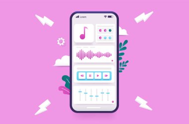 Akıllı telefondan müzik yapmak - cep telefonu, ses prodüksiyon uygulaması ve pembe arka plan. Vektör illüstrasyonu.