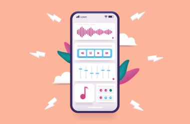 Akıllı telefondaki müzik oluşturma uygulaması - Telefonun ses uygulamalı vektör illüstrasyonu ritimler ve örnekler yaratmak için. Teknoloji ve yaratıcılık kavramı