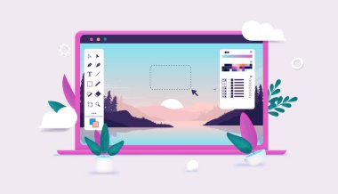 Laptop bilgisayarında fotoğraf düzenleme - Kullanıcı arayüzü ile fotoğraf düzenleme yazılımı ve düzenlenebilir 3d vektör illüstrasyonunda güzel manzara resmi.