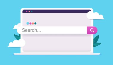 Bilgisayarda arama çubuğu - Tarayıcılı ve ekrandan fırlayan beyaz dizüstü bilgisayarın vektör illüstrasyonu. Ağ ve internet konsepti aranıyor.
