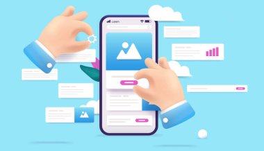 Bina uygulaması tasarımı - Akıllı telefon uygulaması veya web sitesi geliştiren eller. Soyut UI tasarım konsepti, 3d vektör illüstrasyonu